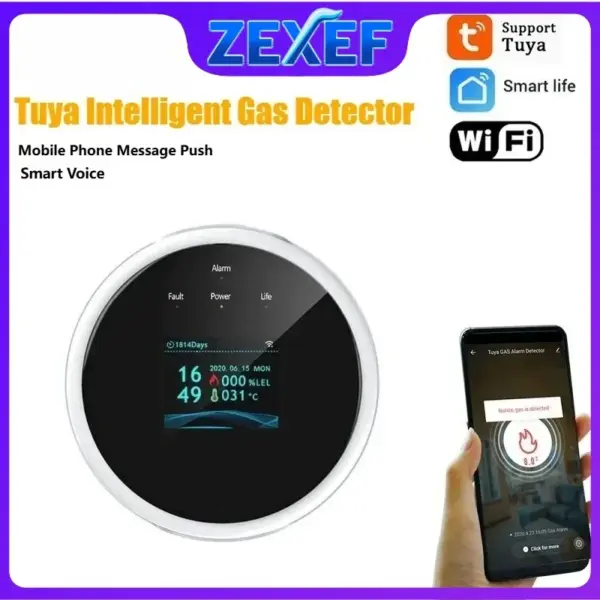 Zexef WiFi Natural Gas Sensor Leak Detector Intelligent LPG Gas Alarm Gas Fire Detector LED Temperature Display Home Kitchen