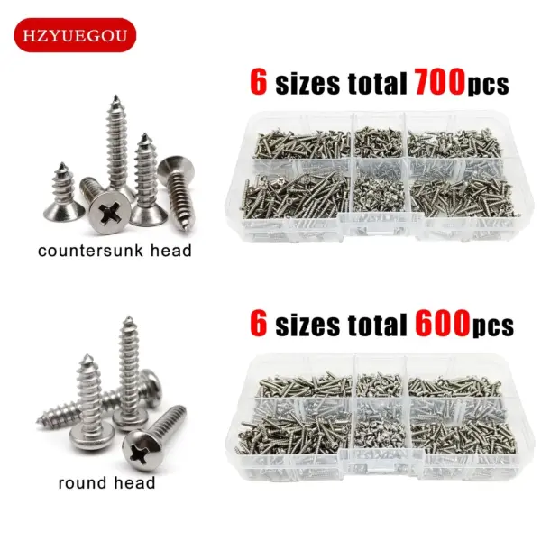 600/700pcs Phillips Flat Countersunk Round Pan Head Self Tapping Wood Screw Mix M2 Assortment Set Kit 304 A2-70 Stainless Steel