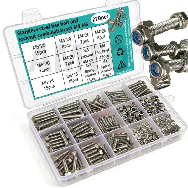 M4/M5 stainless steel hex bolts and nylon insert nuts set, 270 pieces per box, available in 16mm, 20mm, and 25mm sizes.