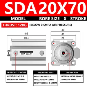 ABILKEEN SDA20X70 SDA Series Thin Air Cylinder 20MM Female Thread Bore X 70MM Stroke Double Acting Pneumatic Compact Cylinder