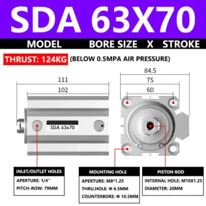 ABILKEEN SDA63X70 SDA Series Thin Air Cylinder 63MM Female Thread Bore X 70MM Stroke Double Acting Pneumatic Compact Cylinder