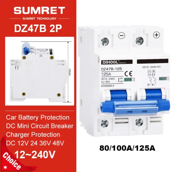 Battery DC Circuit Breaker MCB 80A 100A 125A 12V 24V 48V 72V 96V  240V B Curve Overload Short Circuit DC Disconnect Switch