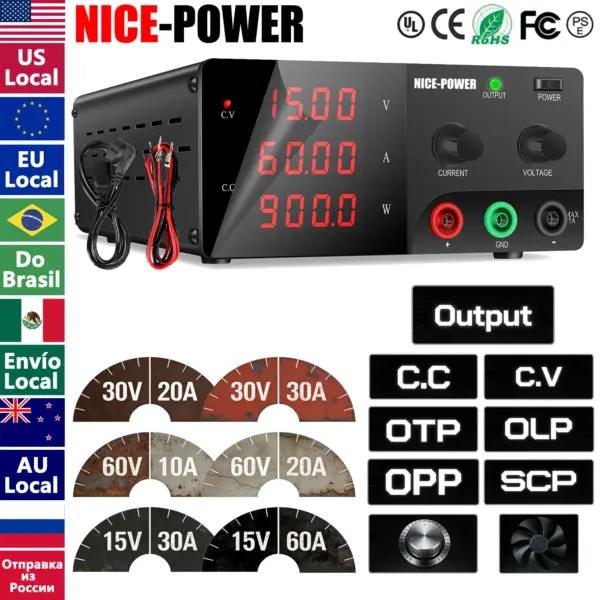 Nice-Power 15V 30V 60V DC Power Supply Variable, 10A 20A 30A 60A High Power Bench Power Supply with Encoder Knob/Output Switch